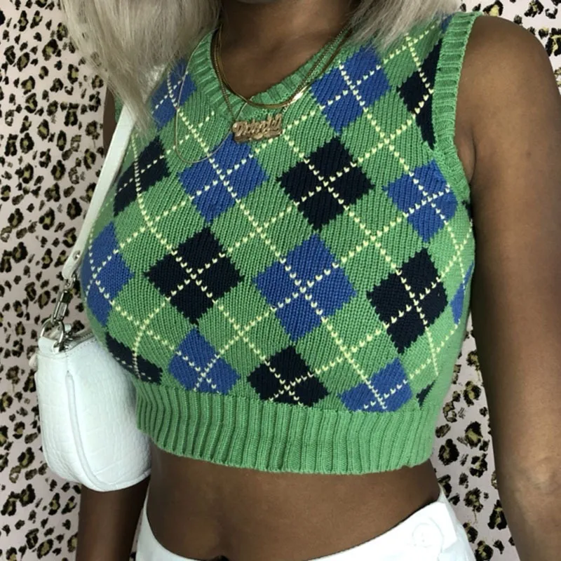 Argyle Sweater Vest Crop Top Women Sleeveless Knitted Pullovers Casual Streetstyle Short Club Party 210427 From 36 43 DHgate