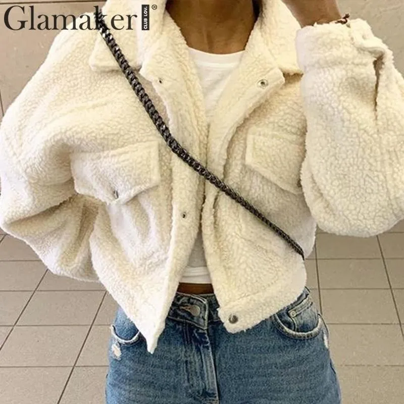 Glamaker Faux Fur Pocket Short Teddy Coat Women White Winter Warm