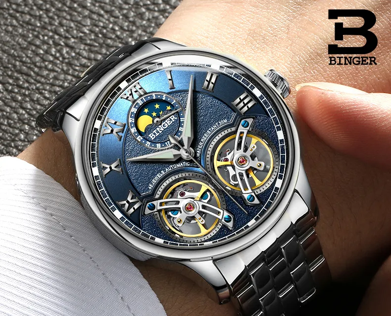 Binger double tourbillon skeleton mechanical watch online