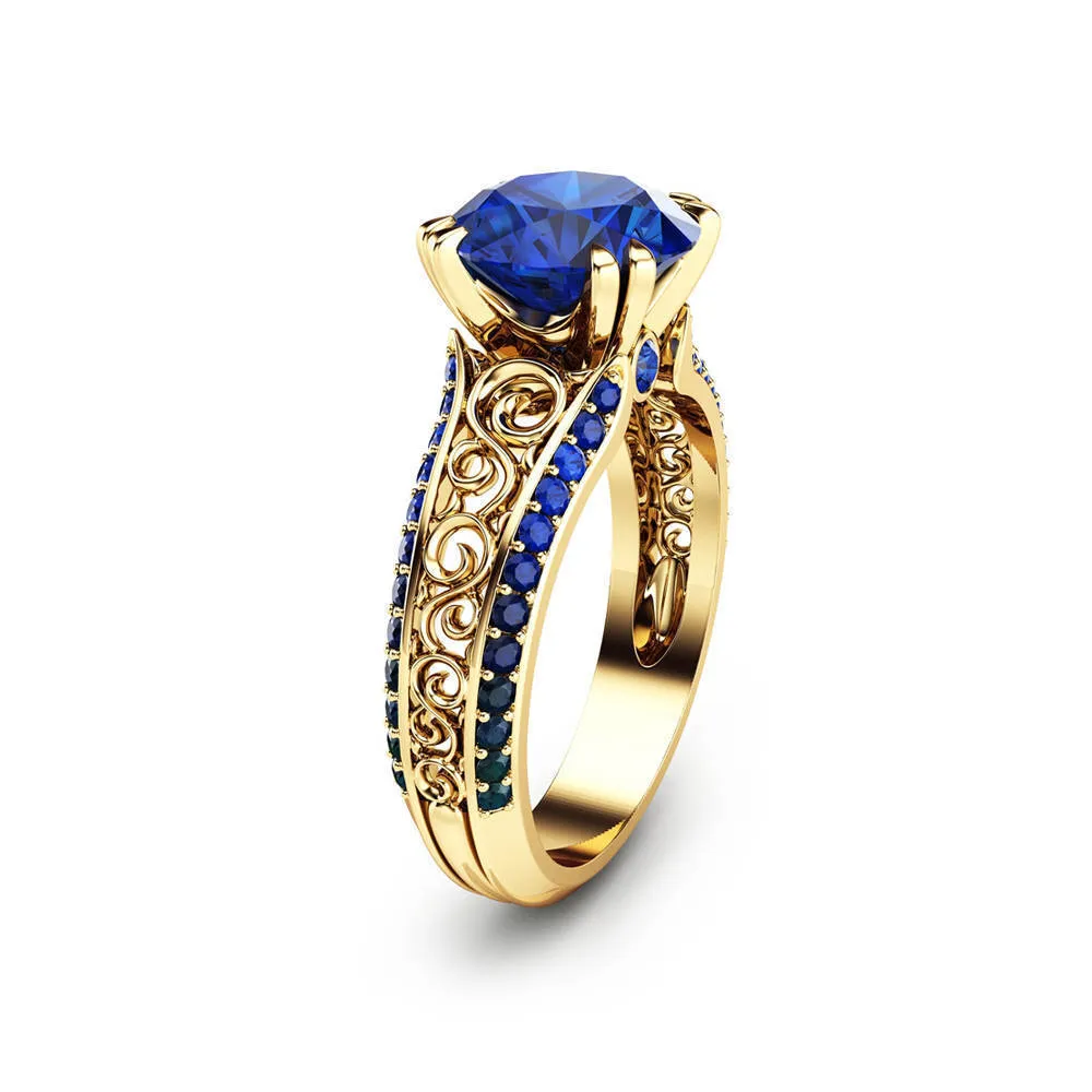 Dedo Azul Zafiro Flor Del Anillo De Oro 14K Diamante Biżuteria