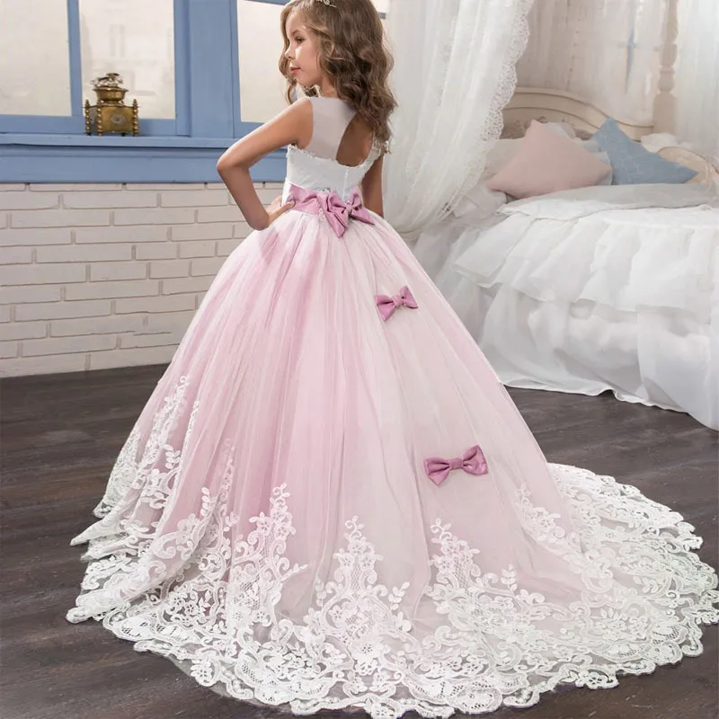 Buy Flower Girl Dress Princess Pageant Long Maxi Tulle Gowns Summer Vintage  Floral Lace Bridesmaid Wedding Party Dress Little Big Girls Backless Bow  Birthday Communion Ball Prom Dress for Kids Pink 12-13Y