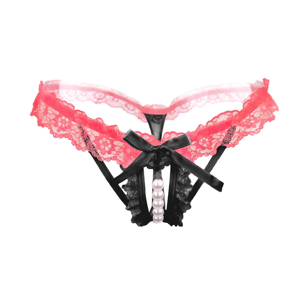 Hollow Pearls Women Lace Sexy Crotchless Thong Panties Intimates