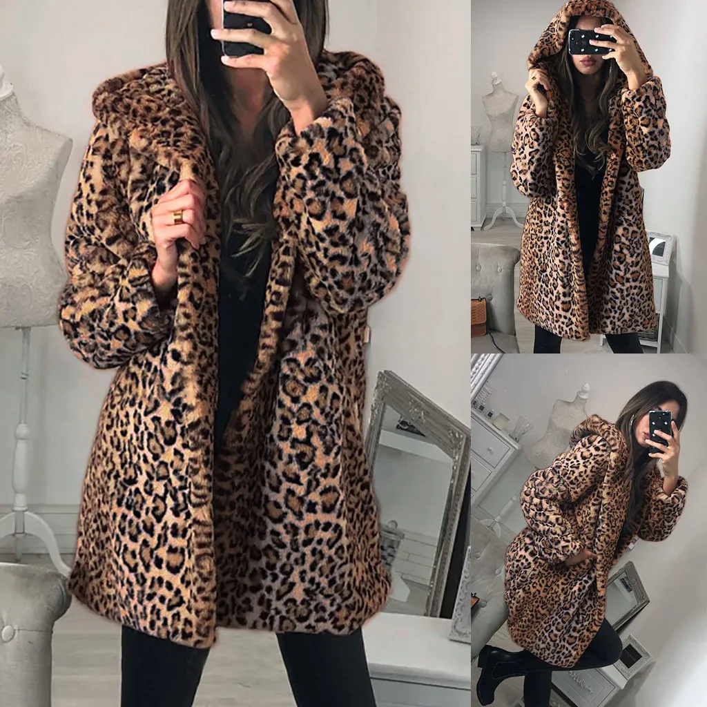 Leopard Teddy Coat Womens Ladies Winter Warm Faux Fur Coat Jacket Leopard Hooded Outerwear Chaquetas Mujer 2019 G2 S20200106