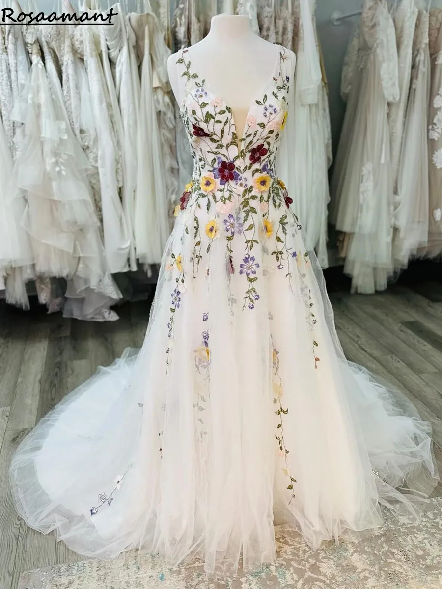 Economize muito em Conto De Fadas Nupcial Vestido De Noiva Floral Boho,  Vestido De Noiva De Tule A Line Com Flores 3D, Estilo Rústico Do País,  Noiva
