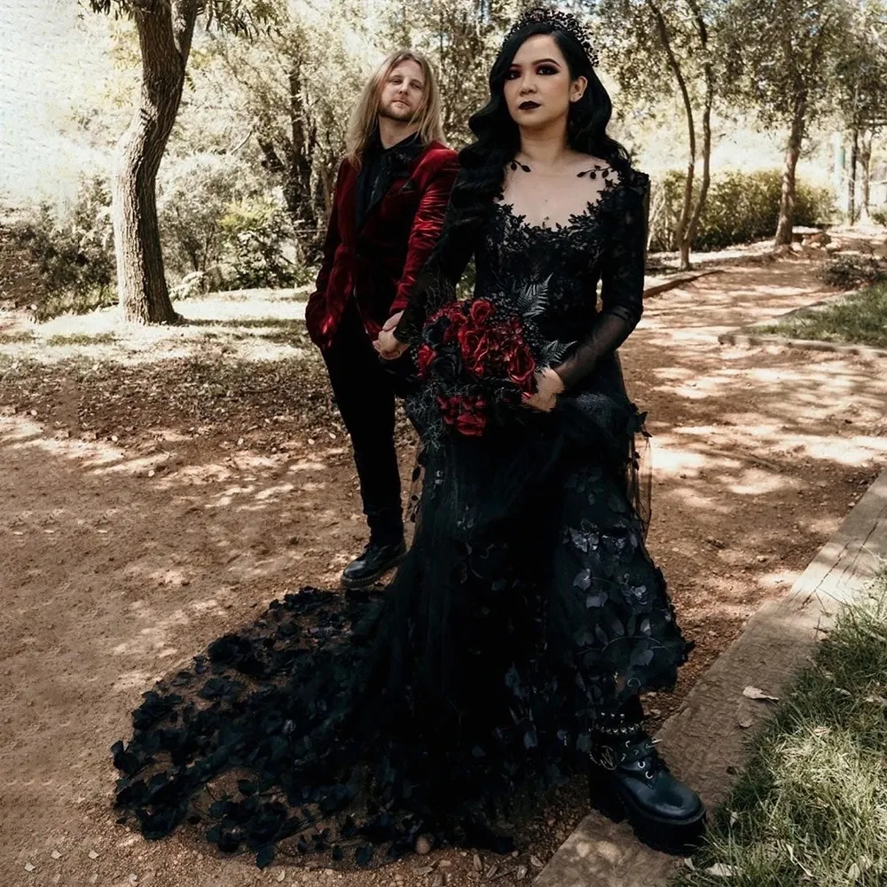 Eleganti Abiti Da Sposa A Line Gotici Neri Con Illusione Abito Da Sposa A Farfalla 3D A Maniche Lunghe Da 163 2 DHgate