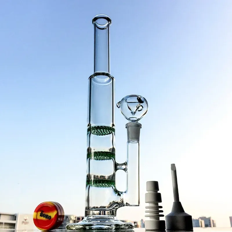 Narguilés avec 14mm en céramique clou Carb Cap verre Bong Dab Rigs conduites d'eau 3 couches Perc fumer eau Bongs tube droit ZZ