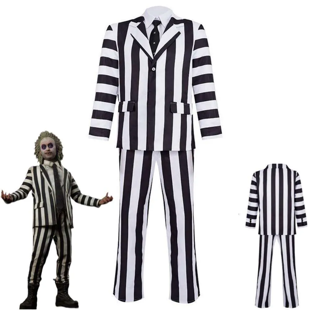 Costume de Cosplay du film Beetle Juice Beetlejuice, uniforme à rayures noires et blanches, tenue d'horreur, Costume de fête de carnaval d'halloween