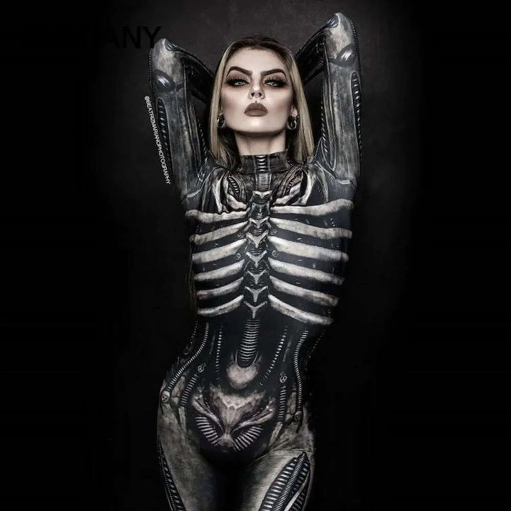 Vrouwen Kleding Lange Mouw 3D Gedrukt Halloween Carnaval Horror Menselijk Skelet Kostuums Strakke Jumpsuit Zentai BodyAnime Kostuums