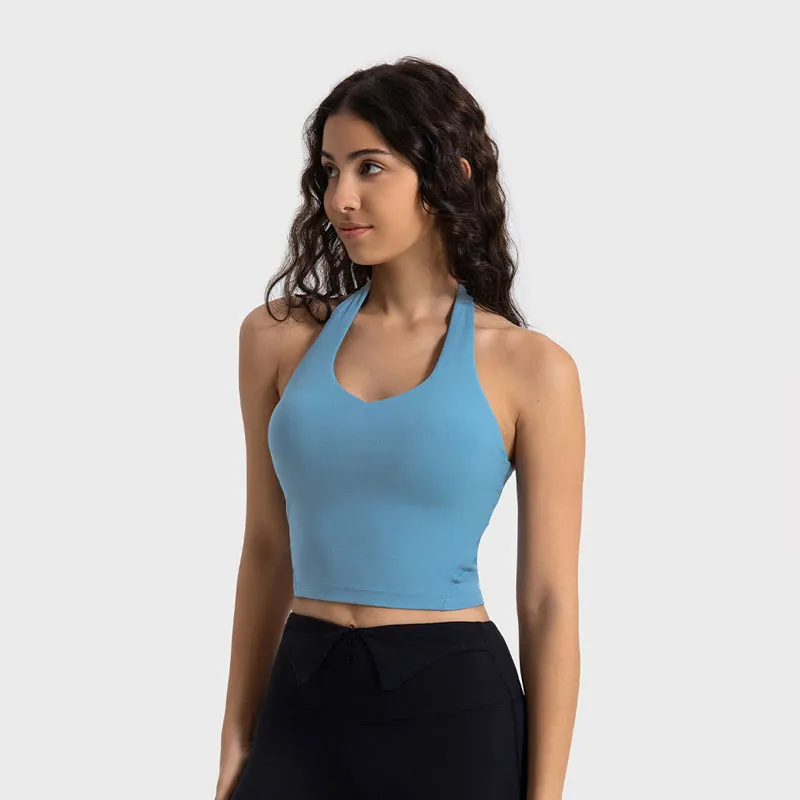 L-W052 hangt nek tank vrouwen mode yoga tops back botery-soft ondergoed vest slank fit sexy sport bh met verwijderbare kopjes