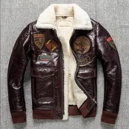 Top Gun Air Force A2 Flight Leather Bomberjack voor heren met schapenvacht kraag en patches, Zwart, L