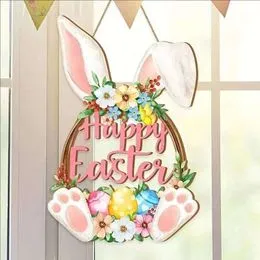 Couronne De Pâques 30 Cm En Bois - Lapin, Oeufs Et Happy Easter Pour Décoration Porte Et Mur