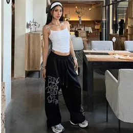 PAIDAXING Pantalon Jogging Baggy Femme - Taille Haute élastique, Jambe Large, Poches, Style Streetwear Décontracté