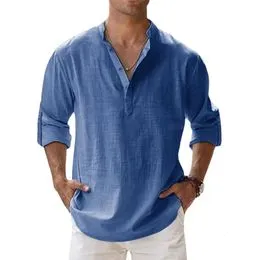 Chemise décontractée à manches longues et col en coton avec poche pour homme - Chemise respirante en lin pour homme, bleu ciel, XXL
