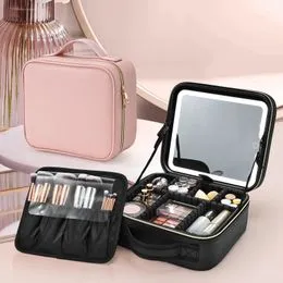 Trousse Maquillage Voyage Avec Miroir LED Éclairé 3 Modes - Grande Capacité Cuir PU Bleu