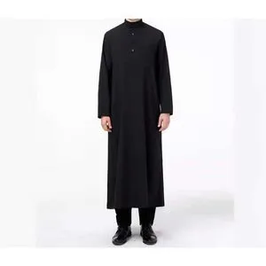 Moslim kaftan voor heren, kaftan met ronde hals, lange mouwen, thobe, moslimkleding, lange abaya, casual, zomer, grote maten, losse mannen, Dubai, islamitische ramadan-gebedskleding, koffie, XL