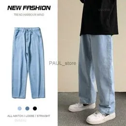 Streetwear Holgado Jeans Hombres Moda Coreana Suelta Recta Pierna Ancha  Pantalones Hombre Marca Ropa Negro Azul Claro
