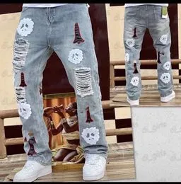 High Street Jeans Hombres Parche De Pierna Recta Pantalones Americanos  Hip-Hop Calle Gran Tamaño Ancho Fregado