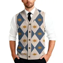 Pull Sans Manche Homme Col V Tricot Léger - Gilet Grande Taille Coupe Ajustée Motif Plaid Classique