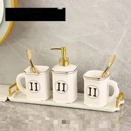Juego De Accesorios De Baño De Cerámica - 3 Piezas Con Dispensador De Jabón, Soporte Para Cepillos Y Jabonera - Estilo Mármol Blanco Y Dorado