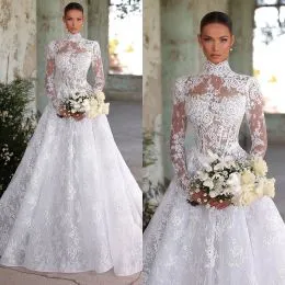 Vestido De Novia De Encaje De Cuello Con Aplique Floral 3D