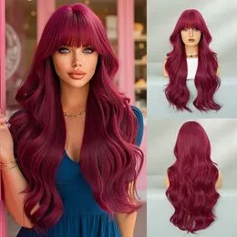 Perruque Synthétique Violet Longue Avec Frange - Ondulée Et Naturelle - Taille M