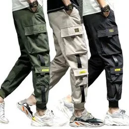 Pantalones Cargo tácticos para hombre, ropa de calle hasta el tobillo,  cintas, cintura elástica, negro, Hip