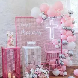  Decoraciones de fiesta de bautismo para niñas, kit de guirnalda  de globos rosa y blanco, decoración de bautizo de confirmación de la  primera comunión, globos cruzados de fondo para bautismo 