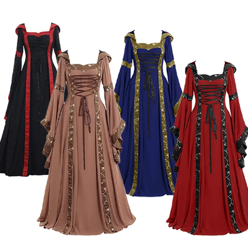Abito gotico da donna, maniche a tromba, abito medievale, sexy, vintage, con lacci, taglio fluido, Halloween, costume chic corte rinascimentale, carnevale, cosplay, Patchwork cocktail party, viola., L