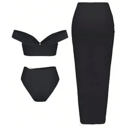 Maillot de bain 3 pièces sexy noir à découpes et jupe cache-maillot pour femme 2026