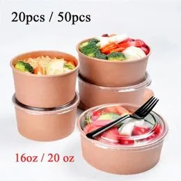 50 Bols Jetables 350ml En Papier Kraft - Avec Couvercles Anti-Fuites - Pour Soupe, Salade, Repas à Emporter