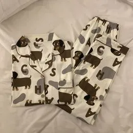 Pyjama Femme Manches Longues - Motif Corgi, Doux, Boutonnage Et Poches, Confort Maison Ou Nuit