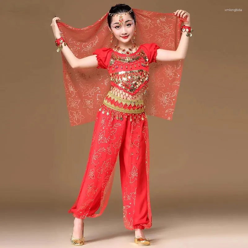 Conjunto de traje para danza del vientre para niños, cinturón, velo,  pantalones, collar, danza de Bollywood, moneda de gasa, Performance1347S