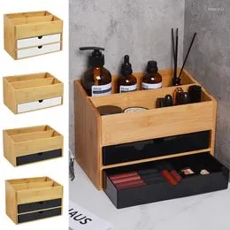 Organizador grande de maquillaje de bambú con 1 cajón y 2 cajones más  pequeños, 100+1 usos, duradero y suave