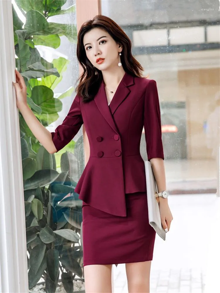 Elegant Spring Autumn Ladies Formal Skirt Suit Women Female Gray Red Green  Black Long Sleeve Two
