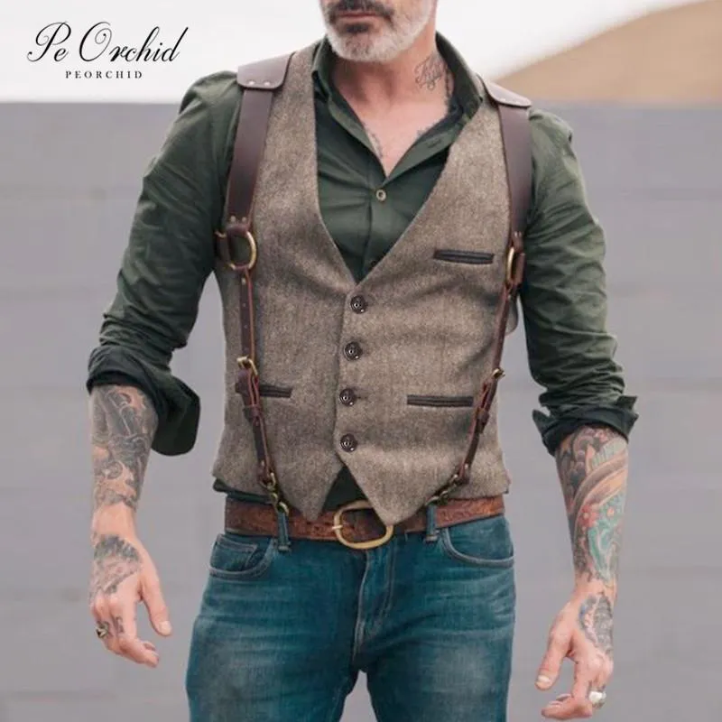 Chaleco de cuero ajustado para hombre, con botones, estilo vintage, para  motocicleta, estilo occidental, sin mangas, cuello en V, chalecos, bolsillos