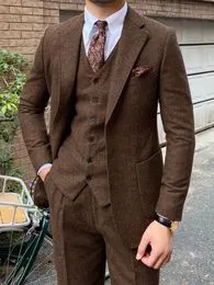 Blazer Homme En Tweed Laine - Veste Costume Vintage à Chevrons - Col Mandarin, Coupe Slim - Pour Automne/hiver - Élégant Et Décontracté