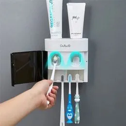 Distributeur Automatique Dentifrice Mural + Porte-Brosses 4 Slots - Multifonction Avec Gobelets Magnétiques Et Couvercle Anti-Poussière