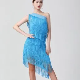  Vestidos de baile latino con flecos para mujer, disfraz de cha  cha, baile de práctica, con diamantes de imitación, salsa, vals, faldas de  malla irregular, Samba, Azul : Ropa, Zapatos y