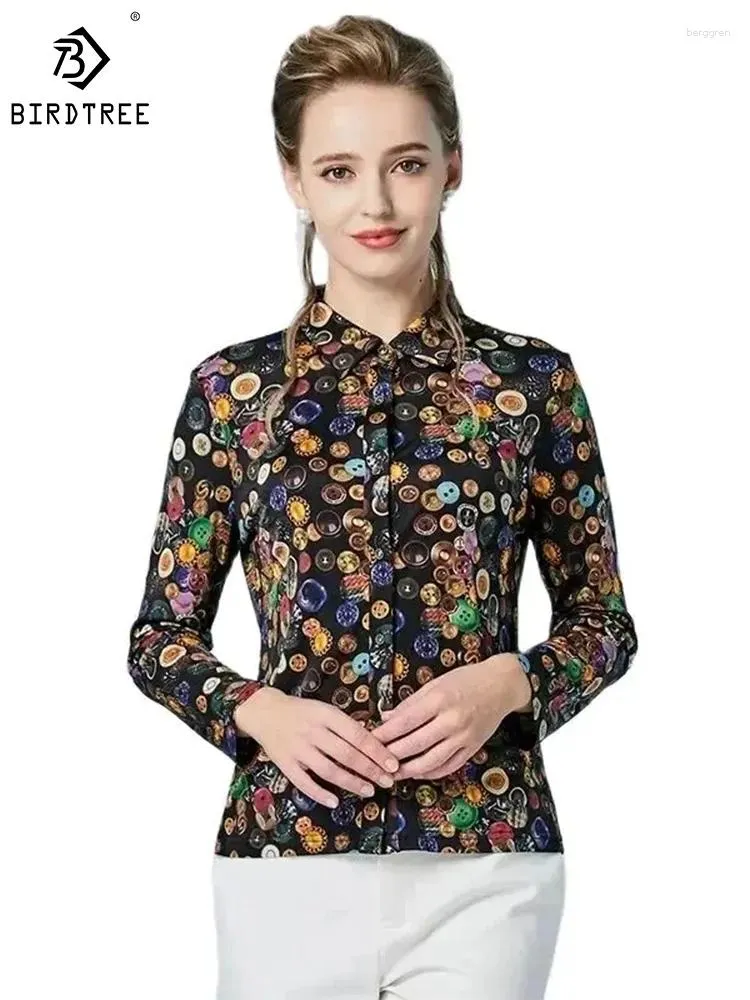 Women's Blouses BirdTree Long Sleeve Print Slim Fit Mulberry Silk Shirts For Women Elegant Vintage 2024 Spring Top T42209QM