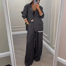 Dames 2-delig broek en blazer - broekpak sportieve kleding casual stof joggingpak feestelijk lang slim fit streetwear pak elegant zakelijk pak langarm revers jas lange maat set outfit, donkerblauw 1