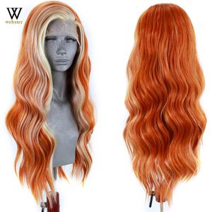 Websterwigs oranje kleur kanten voor pruik voor vrouwen synthetische pruiken zijdeel Hoogtepunt blonde lange golvende 240419
