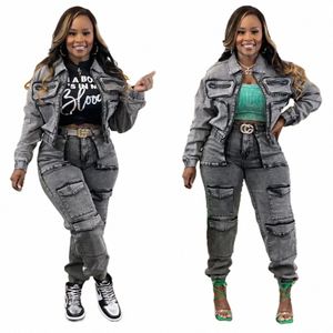 Wed Mujeres Denim 2 piezas Conjunto Jeans Cremallera Fly Crop Chaqueta de cintura alta Pantalones de carga Conjunto a juego 2024 Nuevos chándales populares J24i #