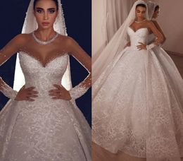 Robe De mariée arabe, col transparent, manches longues, dentelle perlée, cristal, sur mesure, 2024