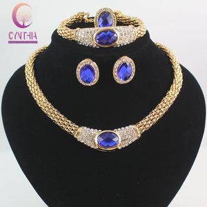 Bruiloft Afrikaanse kralen Sapphire Sieraden Set Crystal Kostuum 18K Vergulde Rhinestone Statement Chunky Necklace Sieraden Set