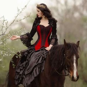 Mariage et rouge vintage Robes noires robe nuptiale gothique avec manches longues veste veet sweep trains sweetheart vestido de novia en dentelle corset dos