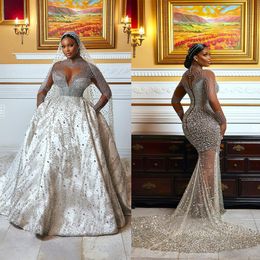 Robes de robe de bal de mariage col rond perles brillantes creuses paillettes manches en dentelle cristaux détachables balayage train sur mesure mariée grande taille robes De Novia