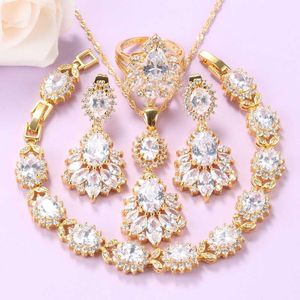 Bruiloft grote sieraden sets ketting en armband witte kubieke zirkonia lange oorbellen hanger goud kleur Afrikaanse vrouwen accessoires H1022