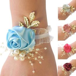 Braceletas de boda Brides de honor Boda Flores de perlas Artificiales Pulsera Corsage Flores de la mano de novia Suministros del baile de graduación