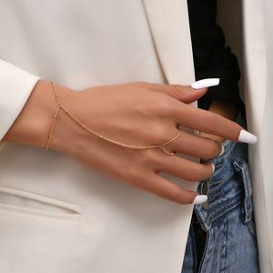 Wedding Bracelets Creative Tiny Chain Bracelet Finger Rings For Women Gold Color Link Chains Connecting Hand Harness Jewelry Gift 230619