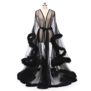 Mariage mariée Boudoir Robe rose plume mariée pure Robe Tulle Illusion longue anniversaire plume Robe Costume fait Sexy plume